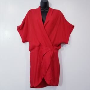 MASON Silk Red Chiffon Tulip Hem Faux Wrap Mini Dress